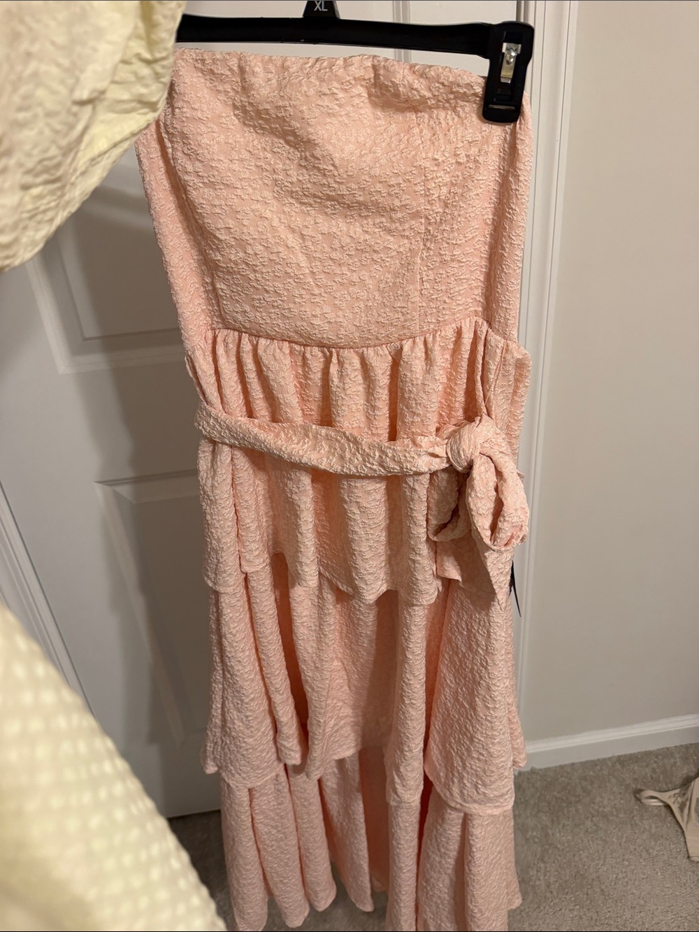 Lulu's Strapless Peach Ruffled Tiered Dress with Waist Tie